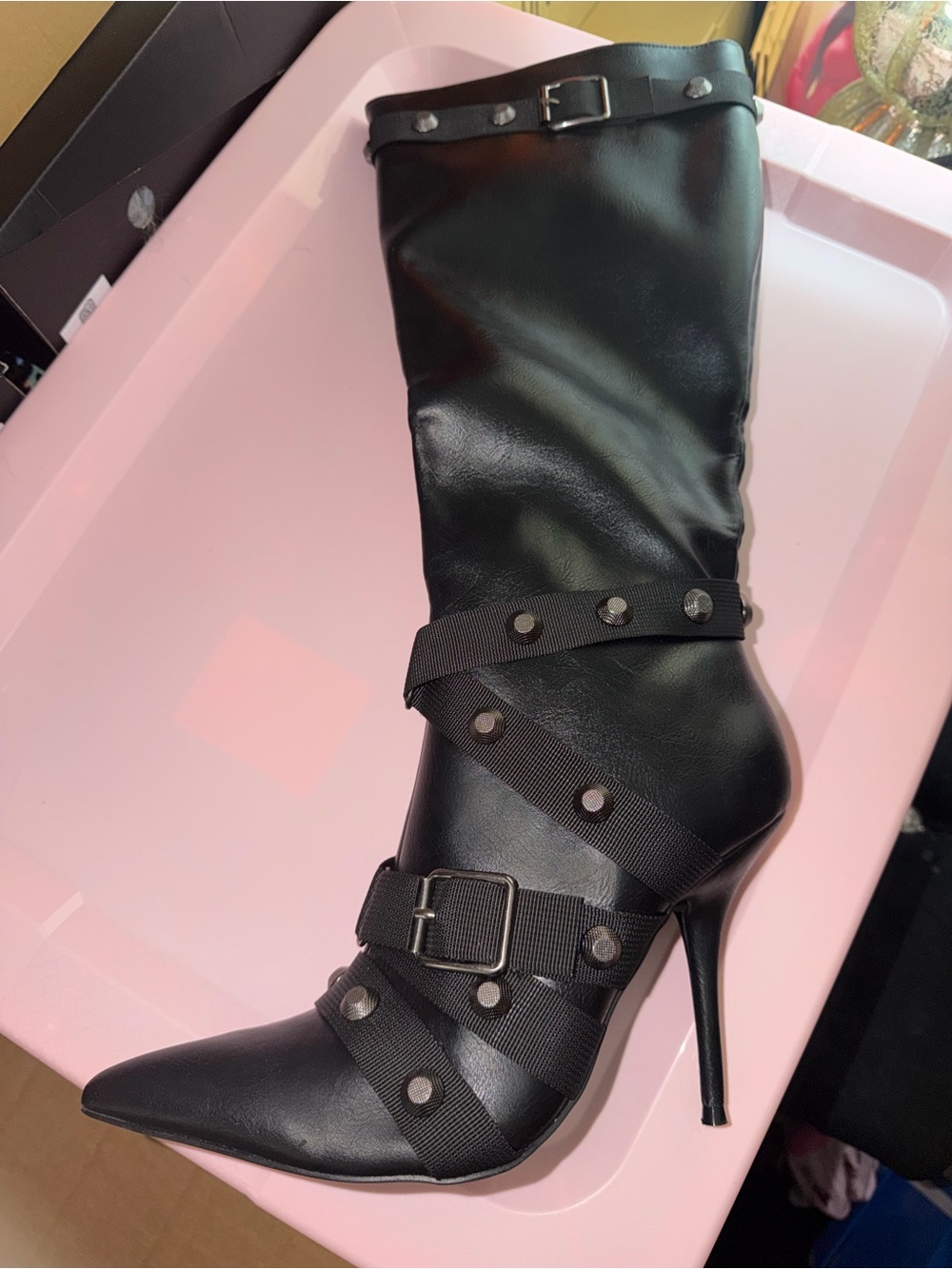 Black Studded Pointed-Toe Stiletto Knee Boot with Buckle Straps